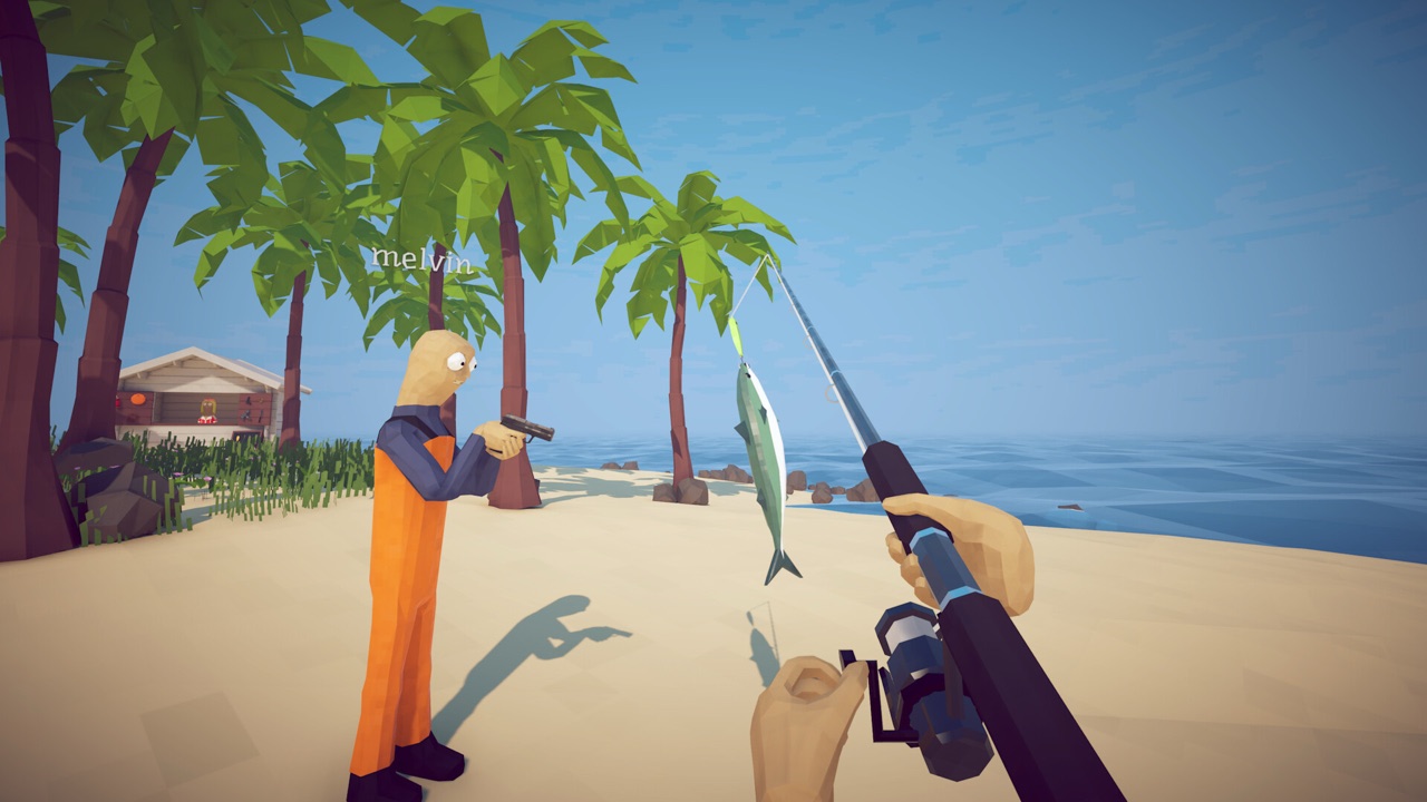 How to Fish game screenshot showing a player holding a freshly caught fish on a tropical island