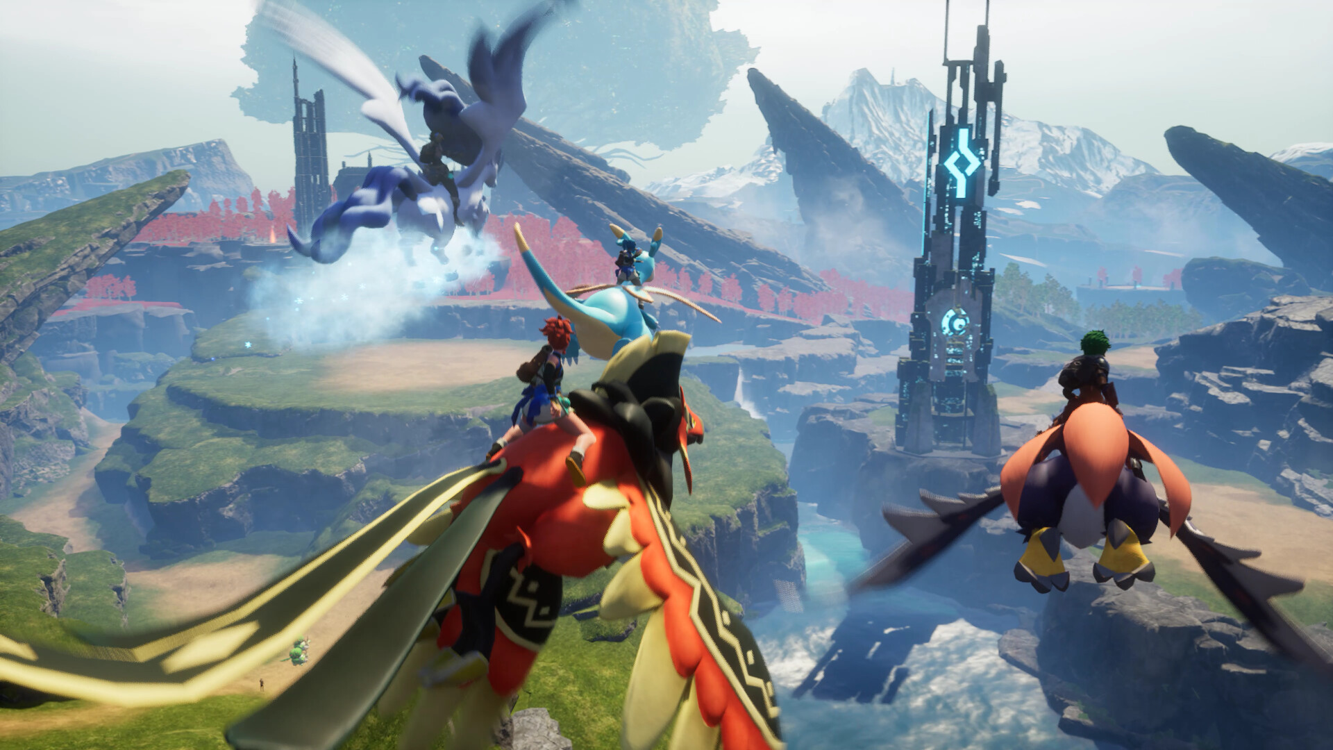 Official Palworld screenshot showing three players flying on Pals across a wide open-world landscape